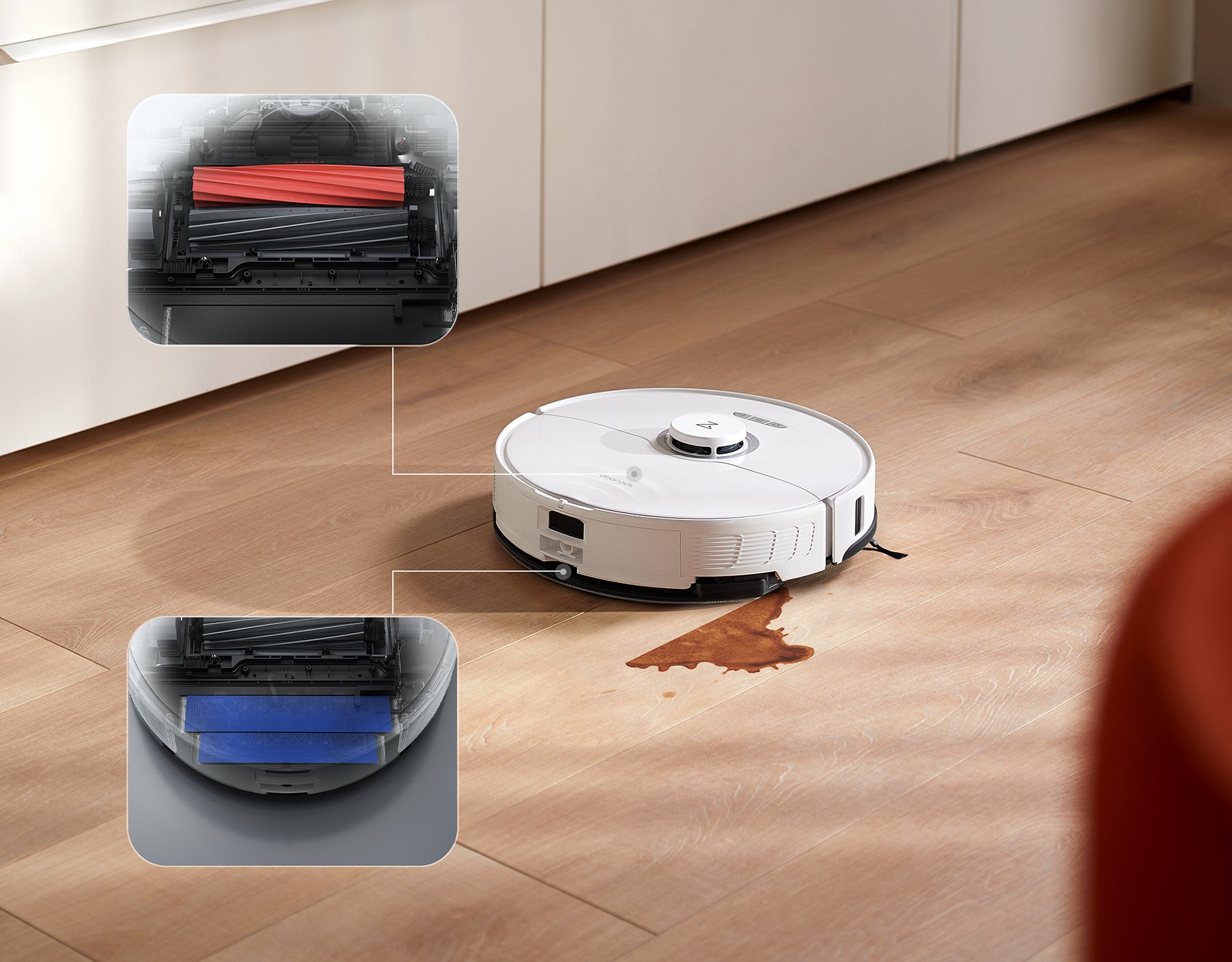 A Roborock robot vacuum cleaner cleaning a spill on the floor, with a close up view of certain sections of the device This is a image