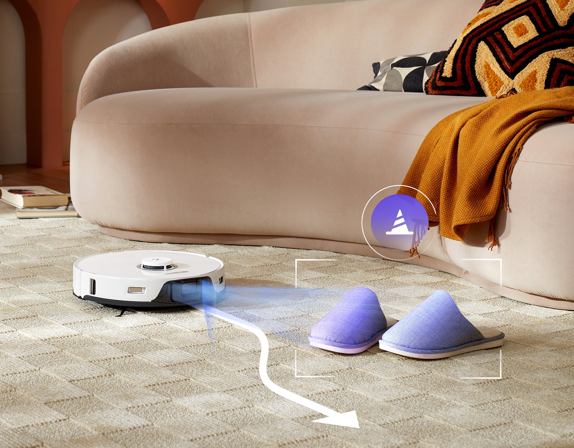 Roborock robot vacuum cleaner cleaning the carpet while avoiding slippers on the floor This is a image
