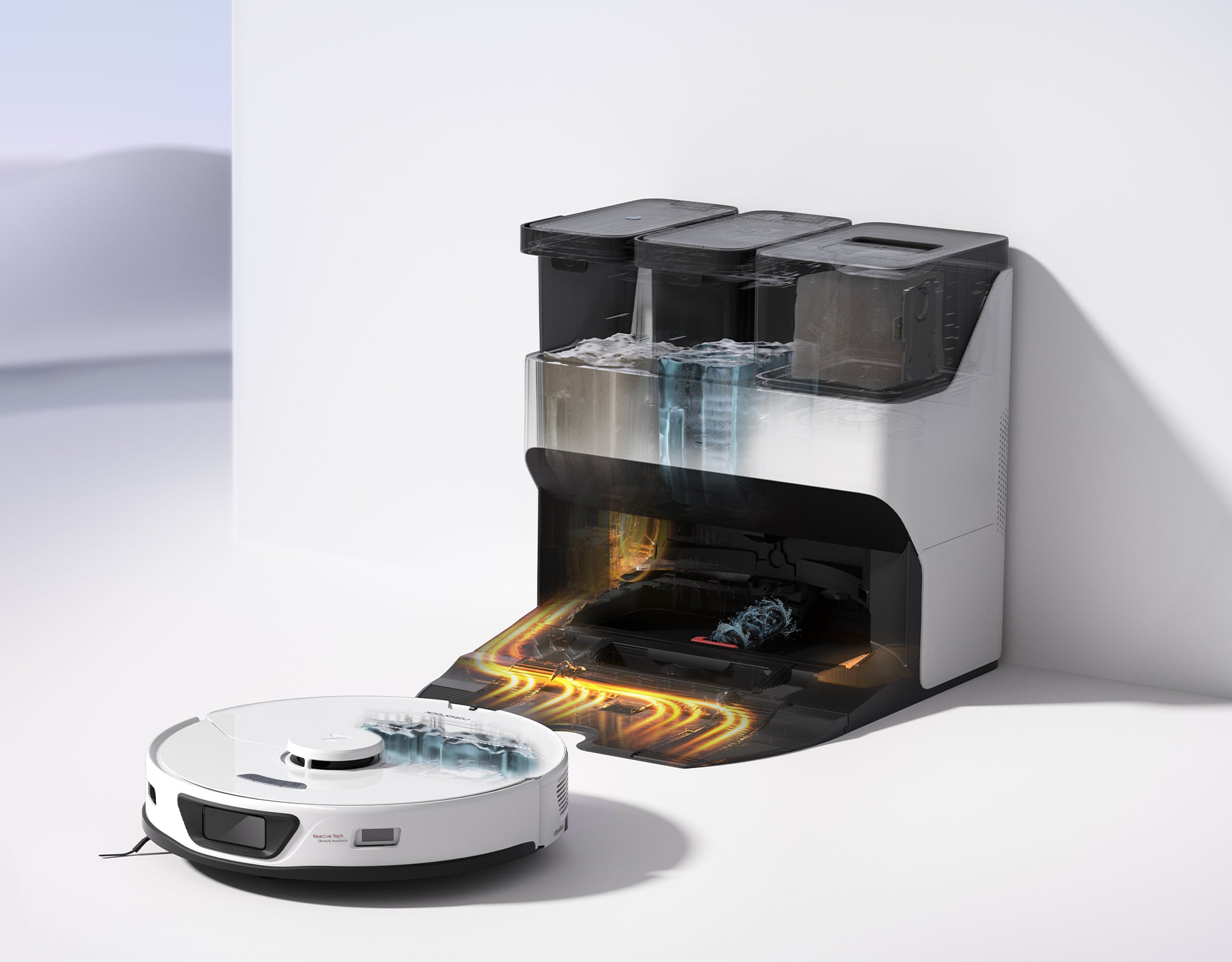 Roborock's robot vacuums offer smart docking which includes auto dust-emptying, mop wash & dry, and water tank refill. This is a image