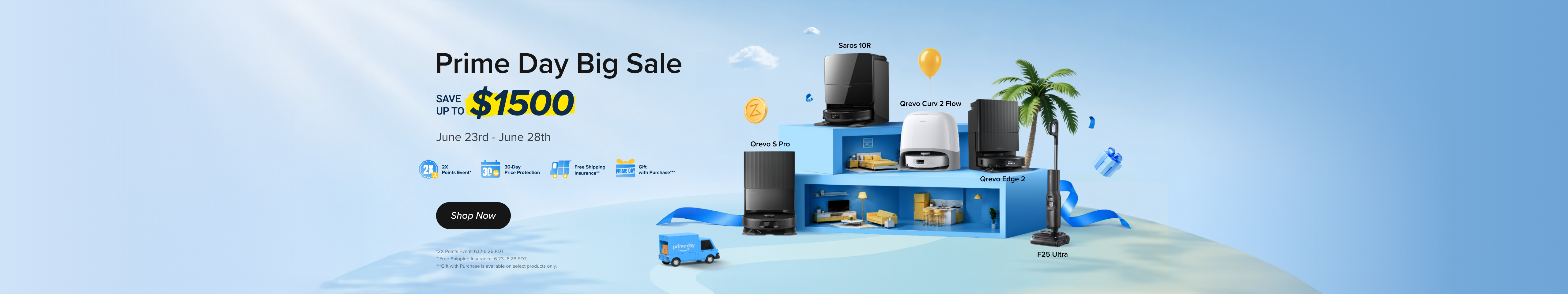 Prime Day Sale event: Save up to $1500 from June 23rd to June 26th. Displaying multiple Roborock robot vacuums docked in base stations and a wet dry vacuum.