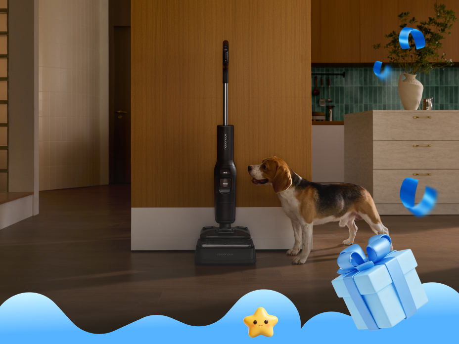 A person using a white Roborock F25 GT wet/dry vacuum to clean up a cracked egg and spill on a wooden kitchen floor, with a small kitten watching nearby