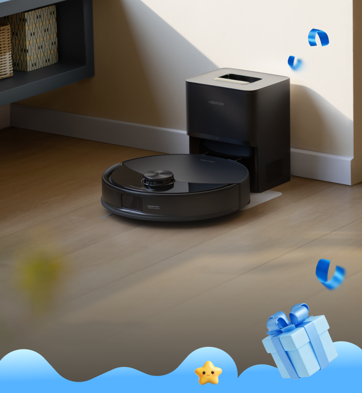Black Roborock Q10 S5+ robot vacuum docked in a black base station on a wooden floor