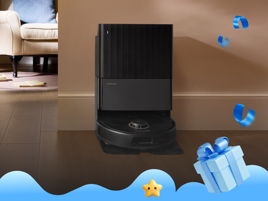 Black Roborock Qrevo S5V robot vacuum docked in a tall black base station on a wooden floor in a living room setting